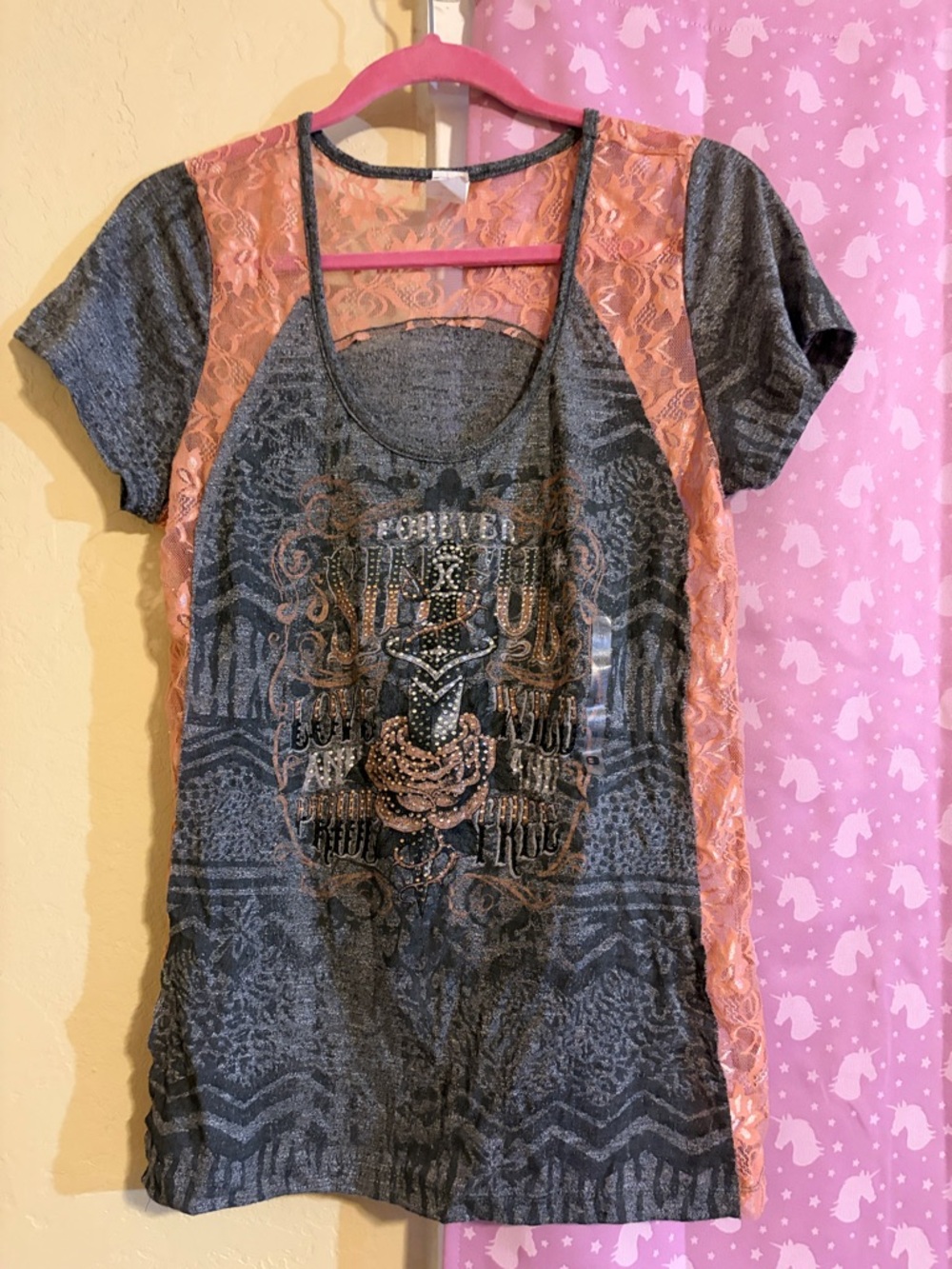 Sinful Gray Tee with Pink Lace Accents